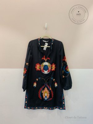 Vestido Curto Bordado Zara 44/46 - Preto