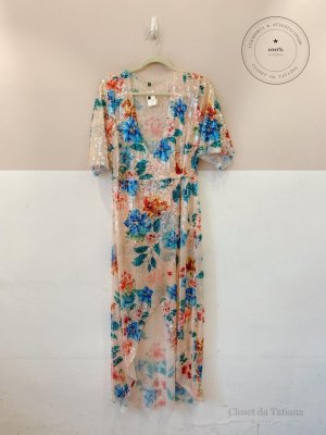 Vestido Longo Paetês Flores Farm | Tam: M
