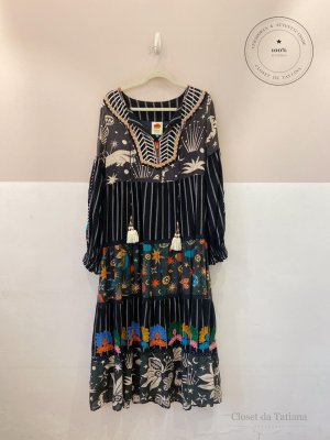 Vestido Midi Amplo Estampado Farm Global Preto | Tam: P