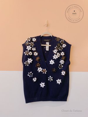 Colete Tricot Flores Aplicadas Coven Azul | Tam: P