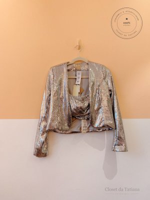 Conjunto Blazer Top Brilhos Aquarella Prata | Tam: PP